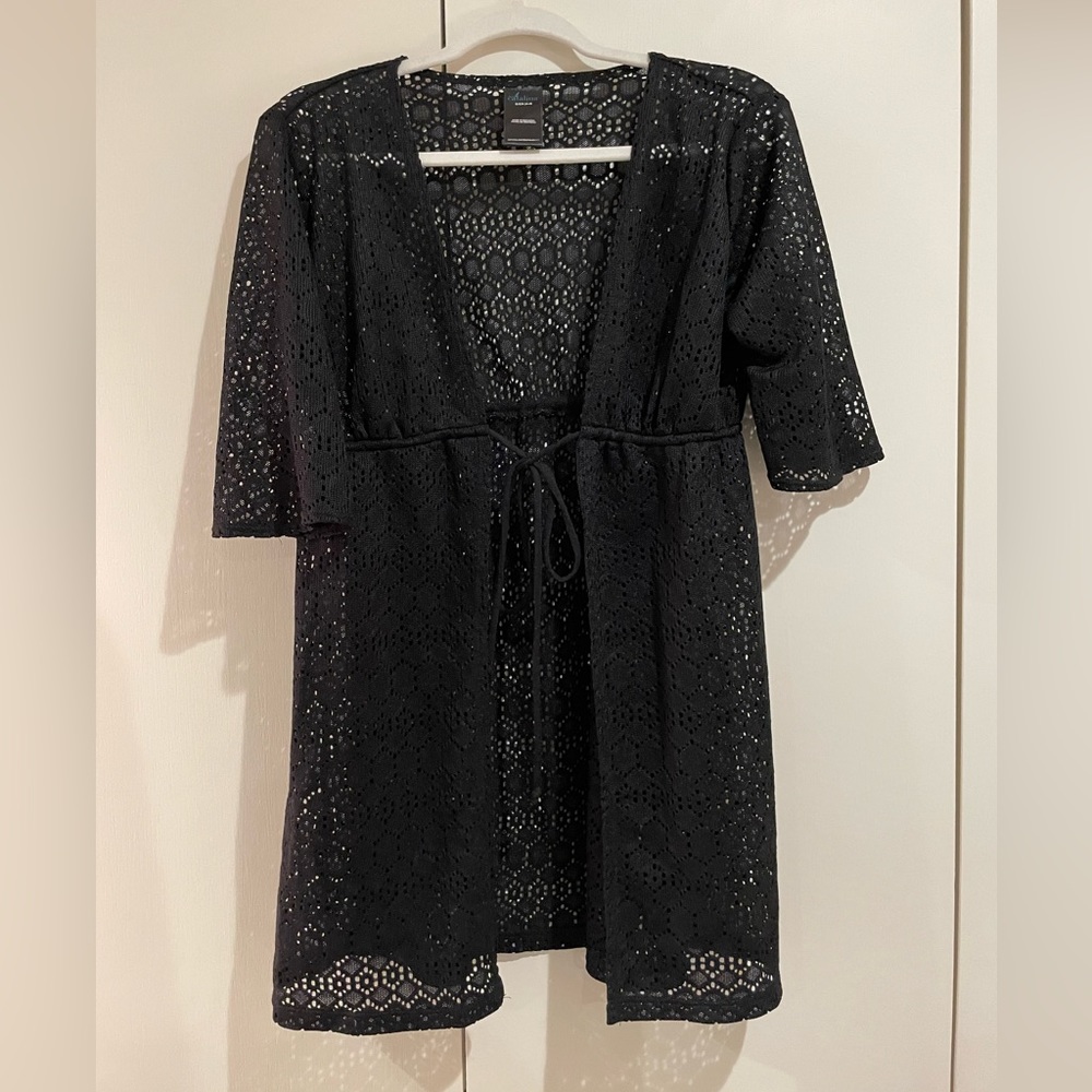 Catalina black mesh see through swimsuit coverup with front tie.